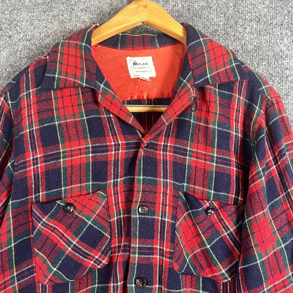 Vintage Mylan Shirt Mens Medium Red Plaid‎ Wool Blend Loop Collar Flannel 60s